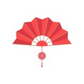 Red Chinese hand fan with wishful knot isolated on white background. Vector illustration of Paper traditional chinese folding fan