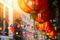 Red chinese lantern in Chinatown in New York city, USA. Festive decoration for Chinese New Year celebration