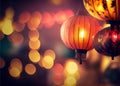 Red Chinese lantern with colourful bokeh on the background. AI Generated Royalty Free Stock Photo