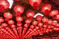 Red chinese lantern glowing ornamental hanging on ceiling of chinese temple Royalty Free Stock Photo