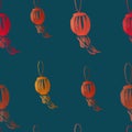 Red Chinese lanterns on dark blue background. Asian New Year. Traditional. Print, packaging, wallpaper, textile, fabric design Royalty Free Stock Photo