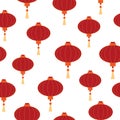 Red Chinese lanterns with gold elements on a white background. Seamless flat new year winter background. Royalty Free Stock Photo