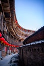 Red Chinese lanterns in a Hakka Tulou traditional housing, Fujian