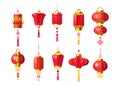 Red Chinese lanterns set. Traditional Asian new year red lamps festival decorated with Japanese sign