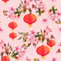 Red chinese lanterns, spring blossom flowers. Seamless pattern. Watercolor