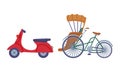 Red Chinese Motor Scooter or Motorcycle and Rickshaw as Passenger Cart Vector Set