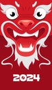 Red Chinese New Year Dragon Face. Vector Poster with Symbol of 2024 New Year.