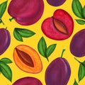 Red chinese and prune plum watercolor seamless pattern. Food illustration