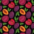 Red chinese and prune plum watercolor seamless pattern