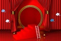 Red Chinese style background, empty step showcase, 3d rendering