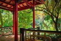 Chinese style pavilion in asian part of tropical botanical garden in Lisbon, Portugal Royalty Free Stock Photo