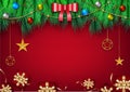 Red Chrismas background with border of pine tree, gift boxes, gold stars, ribbons, decorative ball.Merry Christmas and happy new Royalty Free Stock Photo