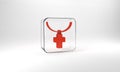 Red Christian cross on chain icon isolated on grey background. Church cross. Glass square button. 3d illustration 3D