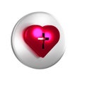 Red Christian cross in heart icon isolated on transparent background. Happy Easter. Silver circle button. Royalty Free Stock Photo