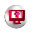 Red Christian cross on monitor icon isolated on transparent background. Church cross. Silver circle button. Royalty Free Stock Photo