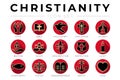 Red Christianity Icon Set with Faith, Bible, Crucifixion , Baptism, Church, Resurrection, Holy Spirit, Saints, Commandments,Light