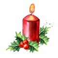 Red Christmas or advent candle with decoration. Watercolor hand drawn illustration isolated on white background Royalty Free Stock Photo