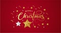 Red Christmas Background with Border made of Cutout Gold Foil Stars. Chic Christmas Greeting Card.