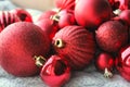 Red Christmas background, bunch of balls for Christmas tree close up, Christmas decorations. Christmas card, and new year, congrat Royalty Free Stock Photo