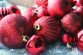 Red Christmas background, bunch of balls for Christmas tree close up, Christmas decorations. Christmas card, and new year, congrat Royalty Free Stock Photo