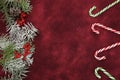 Red christmas background, composition ornament with fir branches, red berries and candy sweet caramel canes on a red background. Royalty Free Stock Photo