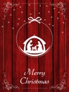 Red Christmas background with greeting text and Nativity scene on red wooden backdrop Royalty Free Stock Photo