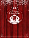 Red Christmas background with greeting text and Nativity scene on red wooden backdrop Royalty Free Stock Photo