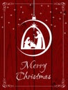 Red Christmas background with greeting text and Nativity scene on red wooden backdrop Royalty Free Stock Photo