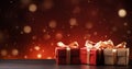 red Christmas background with red gift package and gold bow, space for copy Royalty Free Stock Photo