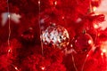 Red Christmas background with red and silver bouble ornaments