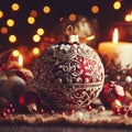 A red Christmas ball decorated with gold tiers and a lit candle next to it.