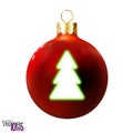 Red Christmas Ball Decorated Green Fir-tree, Glossy Neon Realistic Icon, Bauble Isolated On White. 3d Toy Merry Xmas Tree, New