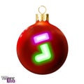 Red Christmas ball decorated green gift christmas sock, neon lamp, isolated on white. Icon, glossy realistic bauble. Xmas, New