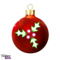 Red Christmas ball decorated green holly leafs, neon lamp, isolated on white. Icon, glossy realistic bauble. Xmas, New year design