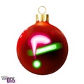 Red Christmas ball decorated hat Santa Claus, pink neon lamp, isolated on white. Holiday icon, glossy realistic bauble. Xmas, New