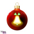 Red Christmas ball decorated yellow, golden bell, glossy realistic bauble isolated on white. 3d toy Merry xmas, New year design Royalty Free Stock Photo