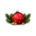 Red christmas ball with fir branches and golden stars and ribbons. Christmas decoration. Holiday conposition