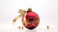 Red christmas ball with gold ribbon bow on white background. Generative AI Royalty Free Stock Photo