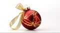 Red christmas ball with gold ribbon bow on white background. Generative AI Royalty Free Stock Photo