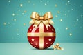 Red Christmas ball with golden bow and ribbon on blue background. Vector illustration. Generative AI Royalty Free Stock Photo