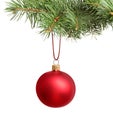 Red Christmas ball hanging on fir tree branch Royalty Free Stock Photo