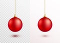 Red christmas ball hanging on gold string isolated on white background Royalty Free Stock Photo