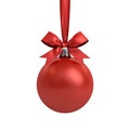 Red Christmas ball hanging with red ribbon and bow isolated on white background for christmas decoration Royalty Free Stock Photo