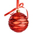 red christmas ball hanging on ribbon with bow, isolated on white background with clipping path Royalty Free Stock Photo