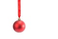 Red Christmas ball hanging on ribbon Isolated Royalty Free Stock Photo