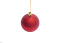 Red Christmas ball hanging on ribbon isolated on white background Royalty Free Stock Photo