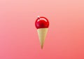 Red christmas ball in ice cream waffle cone on living coral background