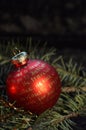 Red Christmas balls with golden lettering