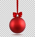 Red Christmas ball with ribbon and a bow, isolated on transparent background. Template of matt realistic Christmas ball Royalty Free Stock Photo