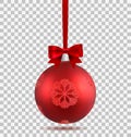 Red Christmas ball with ribbon and a bow and snowflakes, isolated on transparent background. Template of matt realistic Royalty Free Stock Photo